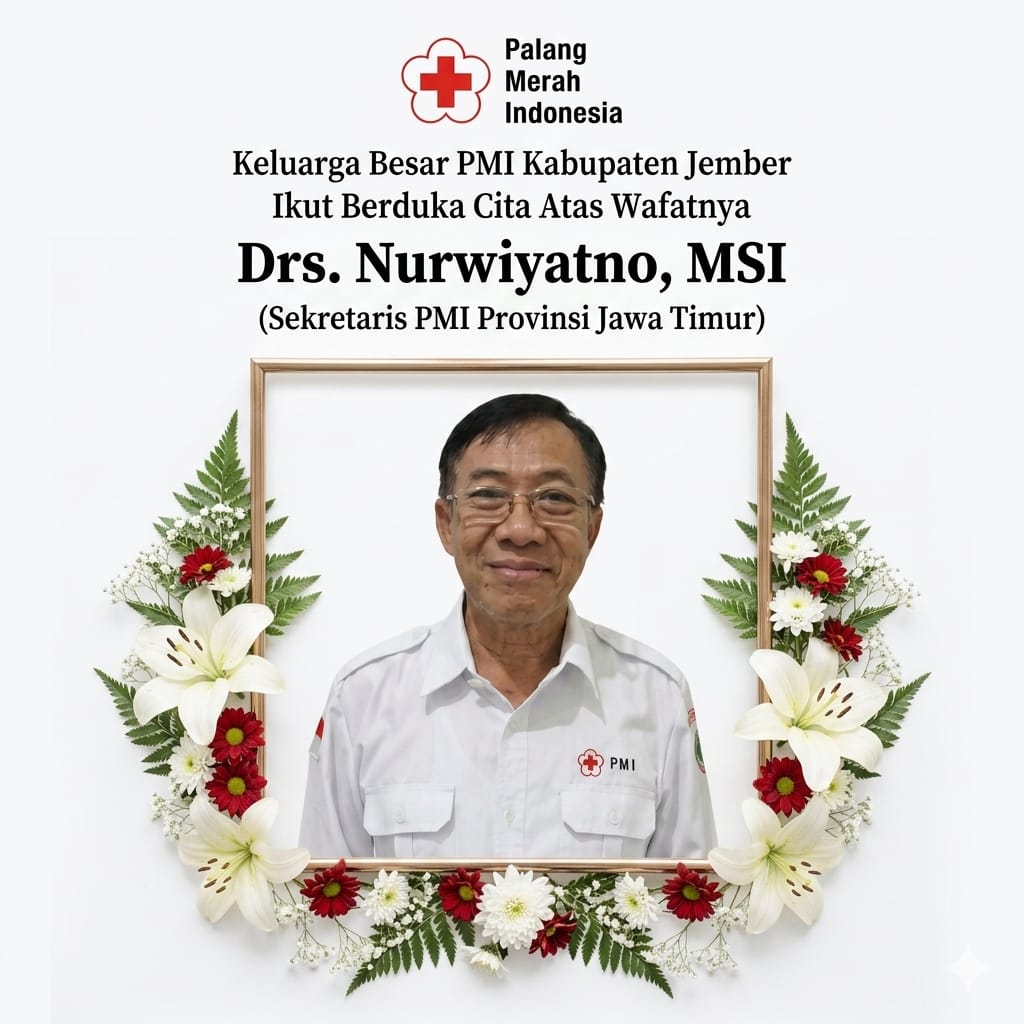 Flayer Duka Cita atas meninggalnya Drs Nurwiyatno dari PMI Jember.