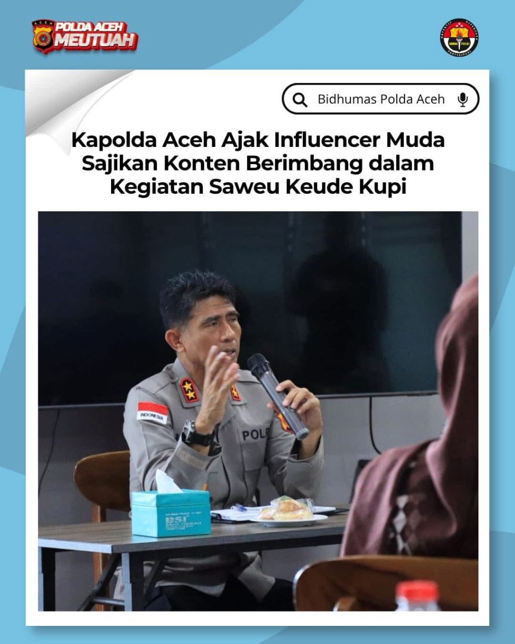 Kapolda Aceh menggelar kegiatan “saweu keude kupi” (sambang warung kopi) bersama puluhan influencer muda Aceh di D’Kupi Aceh, Keudah, Banda Aceh, Jumat, (17/04/2026).