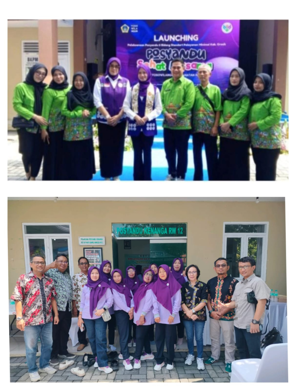 Ketua PKK Gresik, Nurul Haromaini Ali Akhmad Yani, S.I.Kom dan Kepala Desa Yosowilangon, H. Abdul Rosyid, dan staf desa seusai acara peluncuran Posyandu 6 SPM (atas). Tim TAPM Gresik dan tim posyandu.