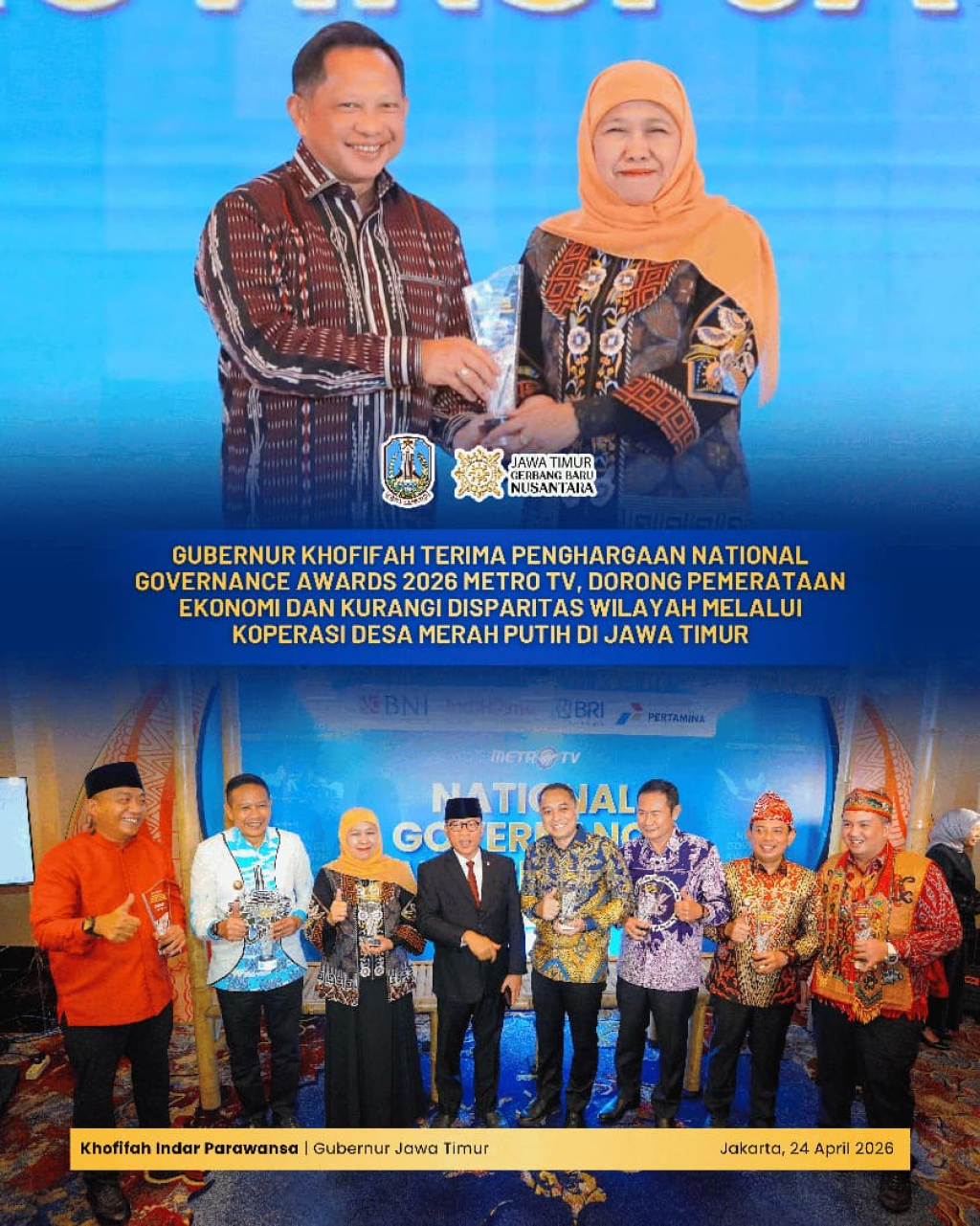 Mendagri RI, Tito Karnavian serahkan  National Governance Awards 2026 kepada Gubernur Jawa Timur Khofifah Indar Parawansa di The Ritz-Carlton Jakarta, Jumat (24/4). (Foto Humas for JatimUPdate.id)