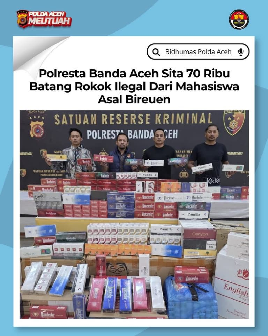 Polresta Banda Aceh sita 70.000 Batang Rokok Ilegal