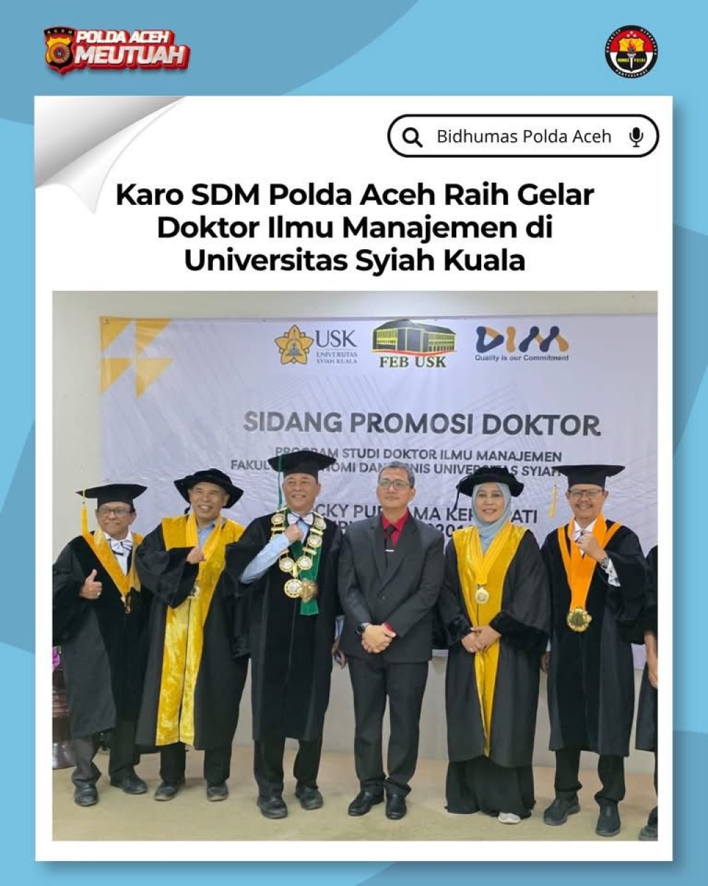 Karo SDM Polda Aceh Raih Gelar Doktor Ilmu Manajemen Unsyiah
