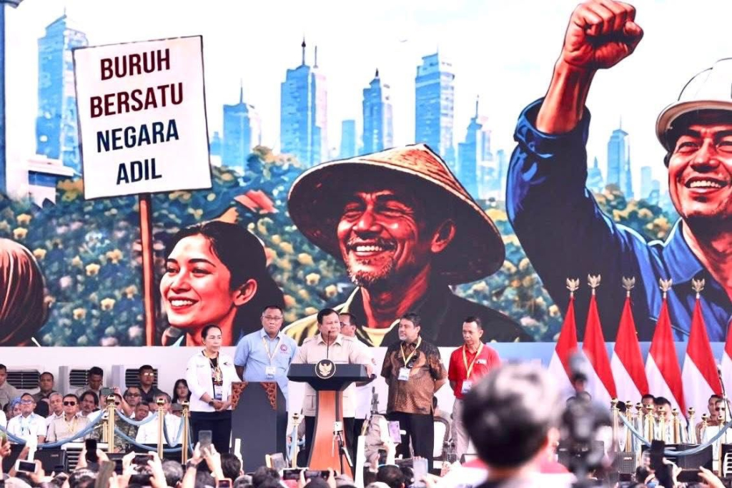 Presiden Prabowo Subianto Saat memperingati Hari Buruh di Lapangan Silang Monas.