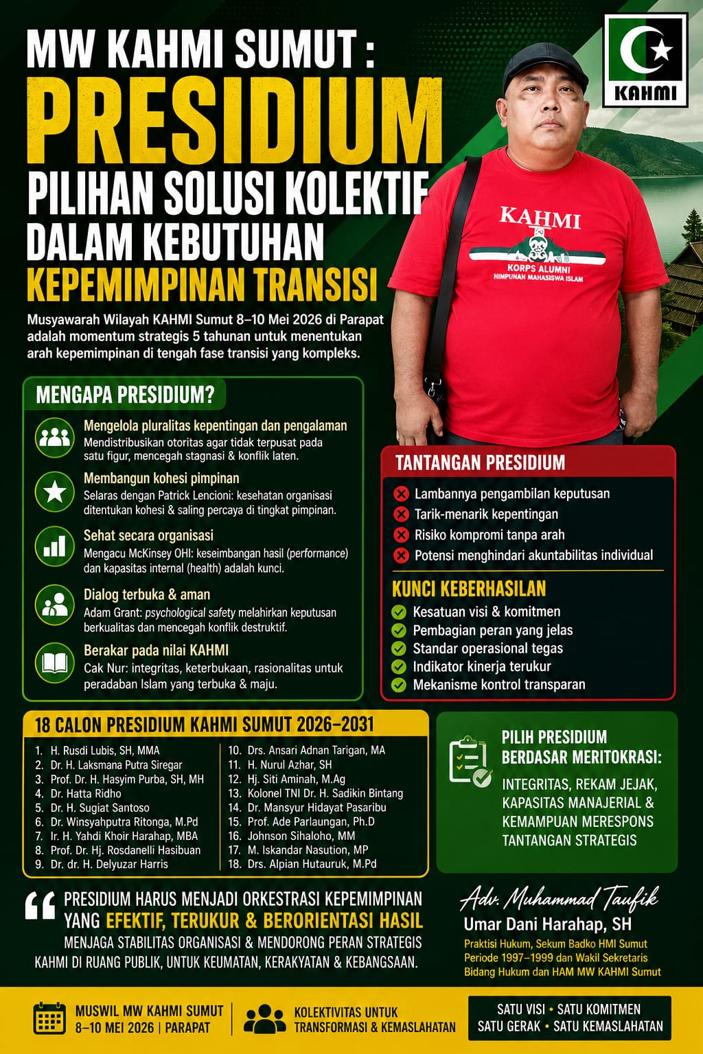 Pokok-pokok pikiran Muhammad Taufik Umar Dani Harahap,SH.,
Praktisi Hukum, Sekum Badko HMI Sumut Periode 1997-1999 dan Wasek Bid. Hukum HAM MW KAHMI Sumut guna menyambut perhelatan Muswil Kahmi Sumut
