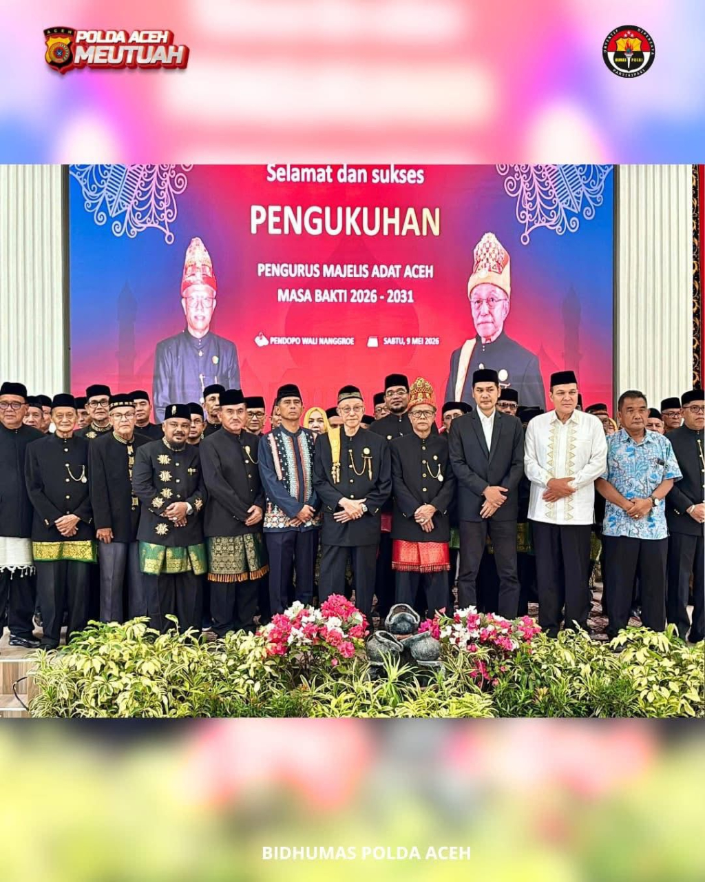 Pengukuhan Pengurus Majelis Adat Aceh Masa Bhakti 2026–2031 yang digelar di Pendopo Wali Nanggroe, Aceh Besar, Sabtu, (9/05/2026).