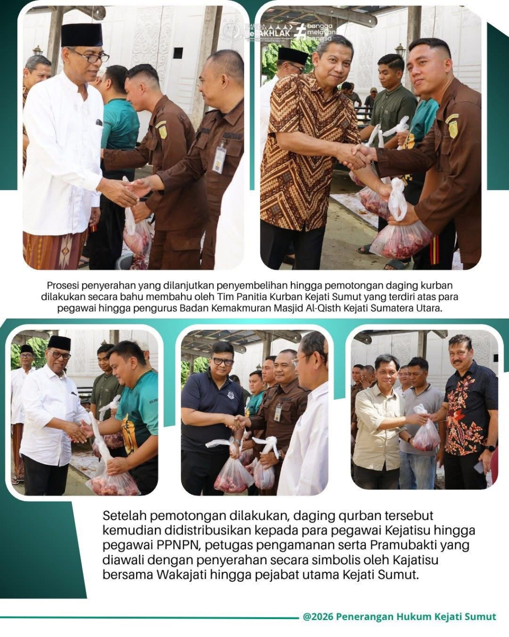 Suasana Idul Adha  di lingkungan Kejaksaan Tinggi Sumatera Utara dengan penyembelihan hewan qurban sebanyak 15 ekor terdiri atas 13 ekor sapi dan 2 ekor kambing yang dagingnya dibagikan.