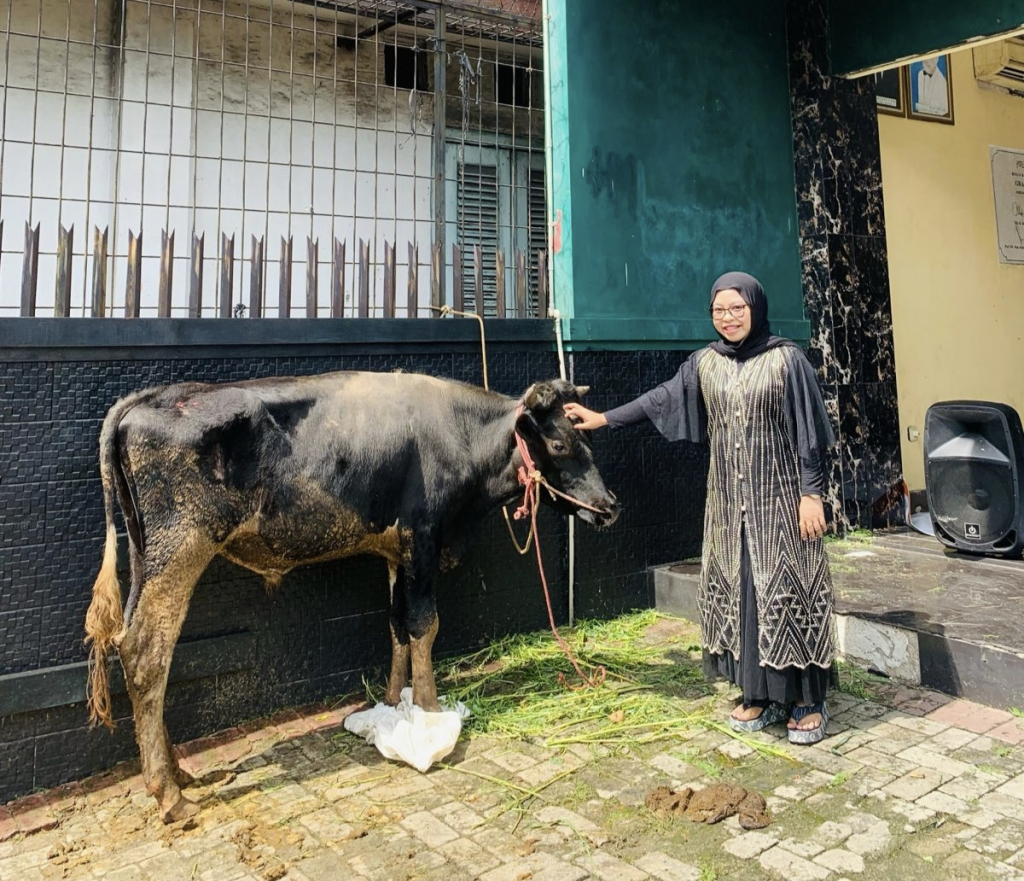 Ketua Umum Kohati PB HMI, Sri Meisista dengan sapi qurban pemberian Wakil Ketua DPR RI Sufmi Dasco Ahmad.