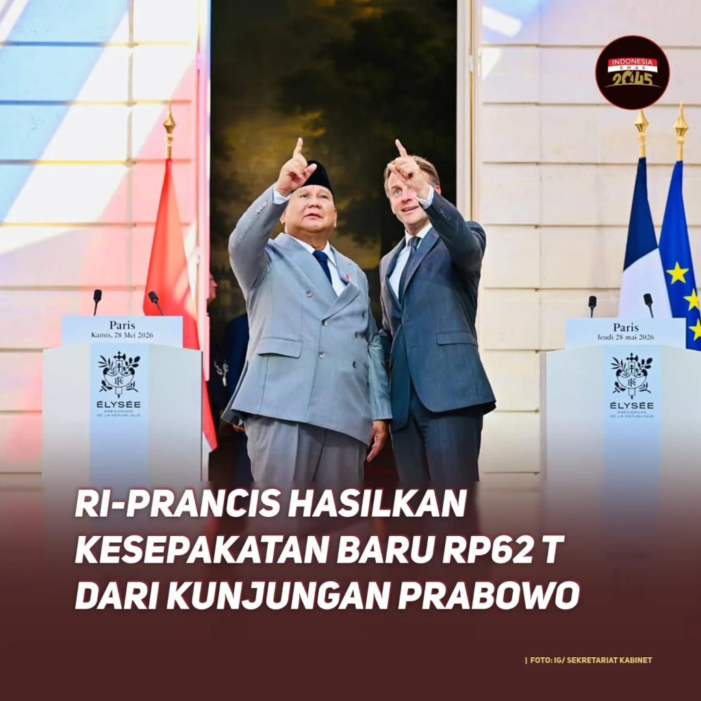 Presiden Prabowo bersama Presiden Prancis Emmanuel Macron. Prabowo Subianto ke Prancis dilaporkan menghasilkan empat kesepakatan komersial baru senilai total US$ 3,5 miliar atau Rp62,56 triliun.