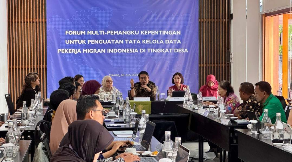 Forum Multi-Pemangku Kepentingan Penguatan Tata Kelola Data Pekerja Migran Indonesia di Tingkat Desa yang diselenggarakan di ARTOTEL Gelora Senayan, Jakarta, Kamis (18/6).
