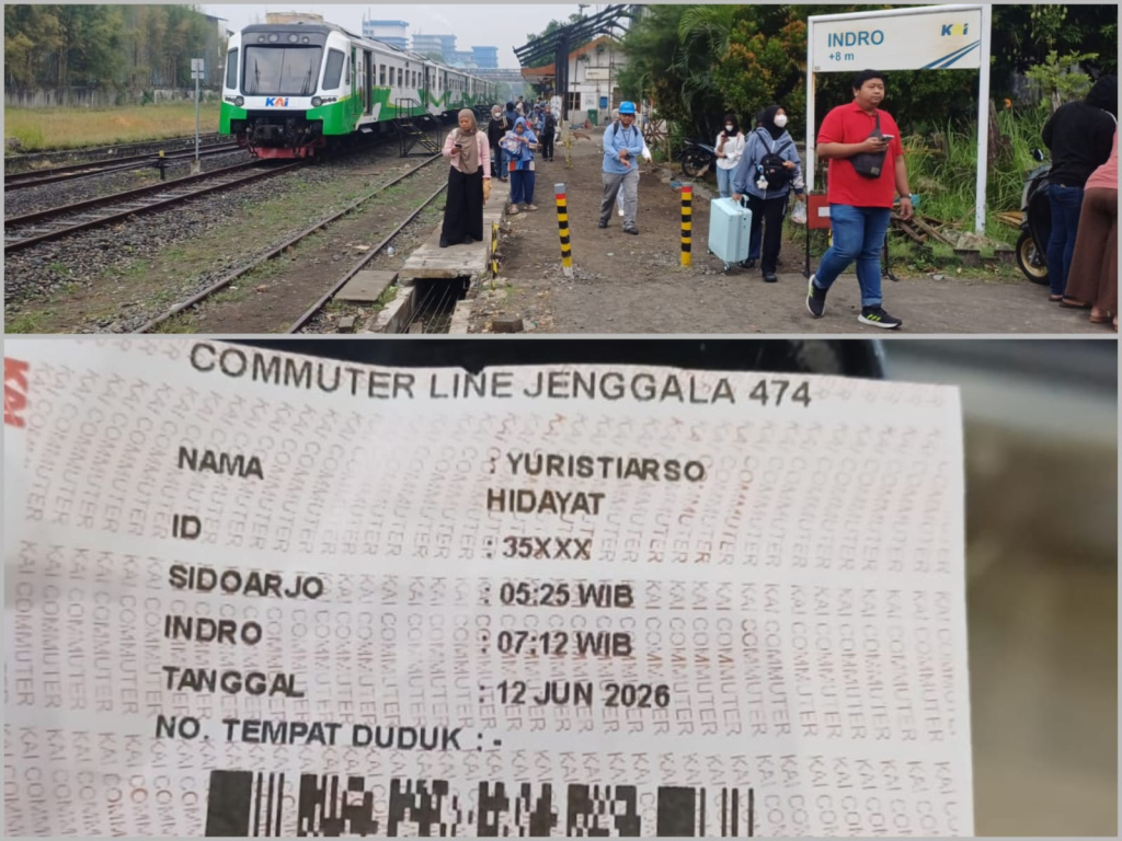 Suasana Stasiun Indro, Gresik Jumat pagi (12/06/2026), KA Commuter Line Jenggala tiba tepat waktu 07.12 WIB (Foto Atas). Tiket KA Commuterlibe Jenggala Rp5.000, sekali perjalanan. (Foto Bawah).