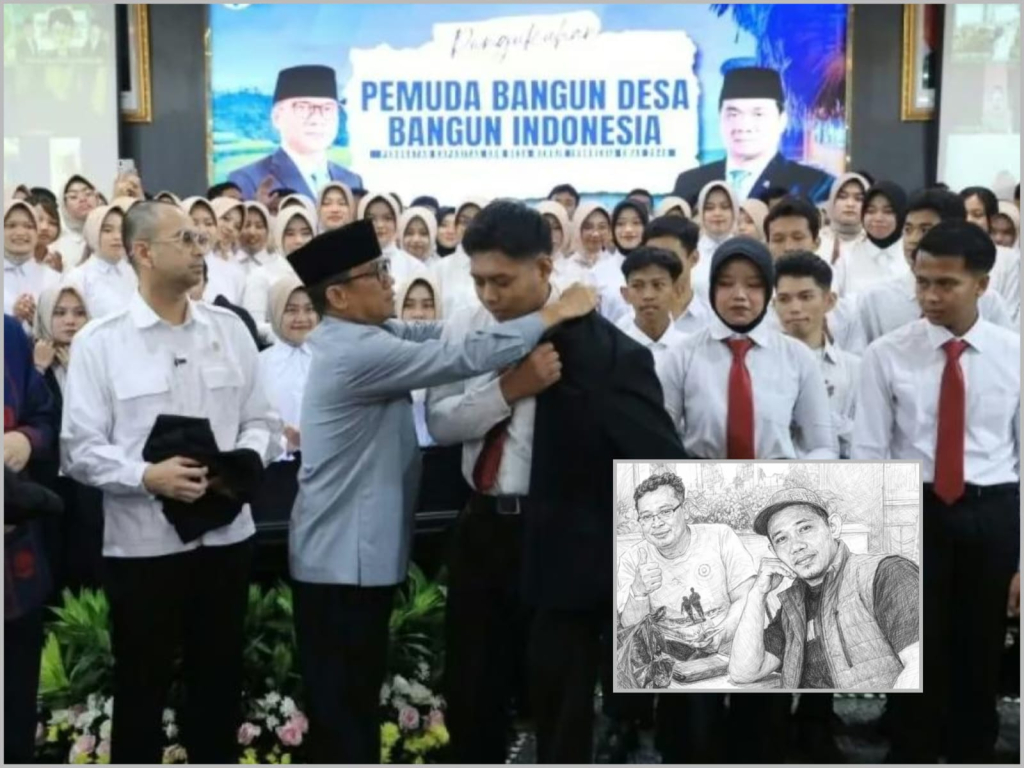 Suasana saat Menteri Desa PDT Yandri Susanto mematangkan jaket kepada salah satu peserta program pengiriman 200 Pemuda Desa Ke Luar Negeri (Jepang), didampingi Raffi Achmad. Insert Foto Penulis.