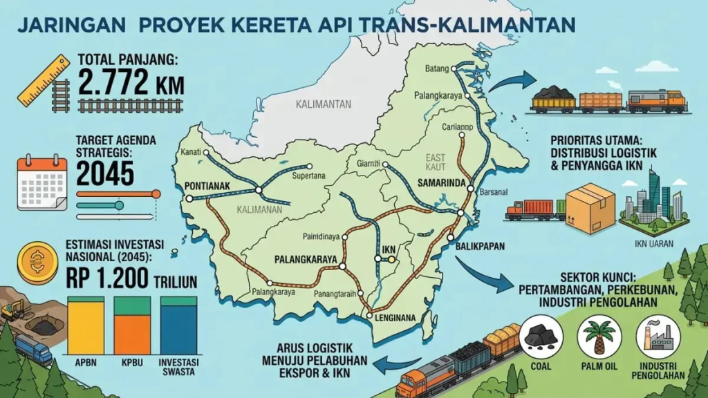 Peta map proyek jaringan kereta api Trans Kalimantan.