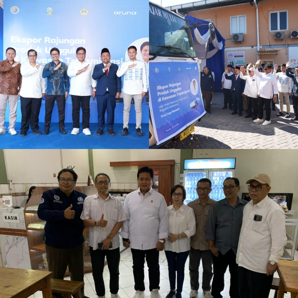 Wamentrans Viva Yoga bersama Bupati Gresik Fandi Akhmad Yani beserta CEO PT Aruna dan CEO CV Kudatama Mas saat lepas kontainer ekspor rajungan (Dua Foto Atas). Wamentran dan TAPM Gresik (Foto bawah)