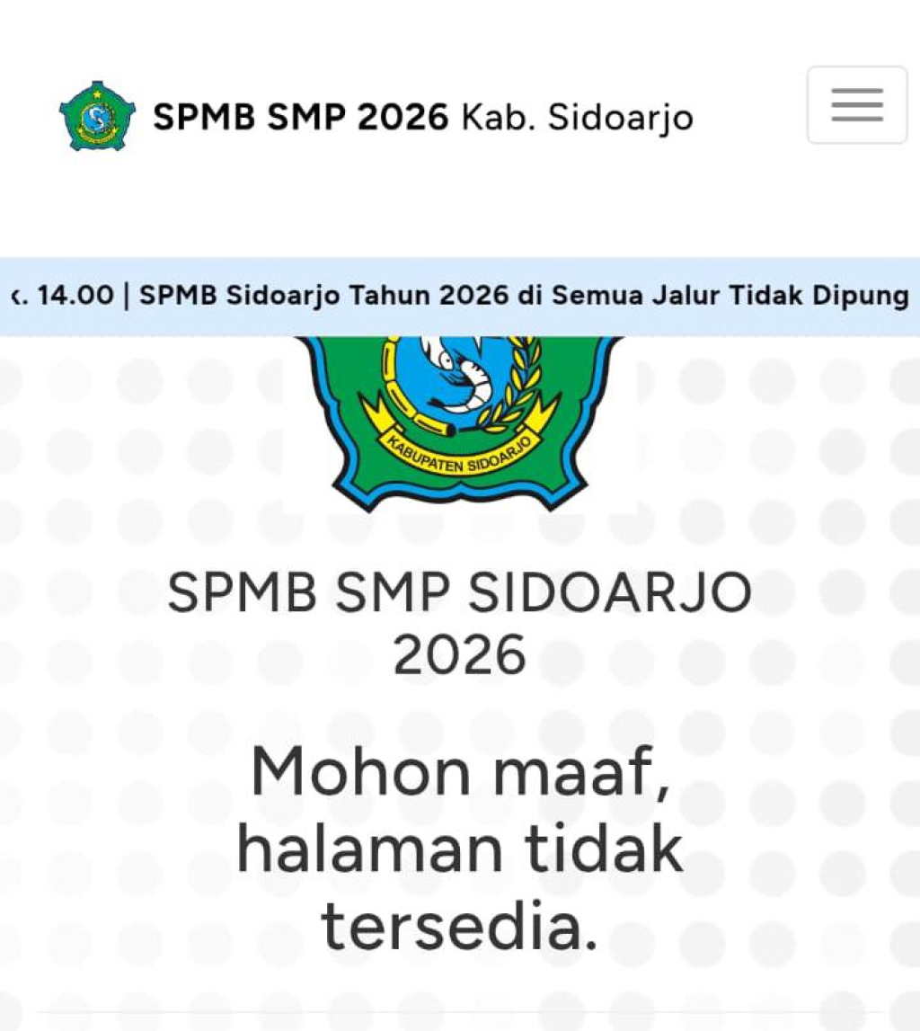 halaman pengumuman jalur domisili di portal resmi SPMB Kabupaten Sidoarjo yang tidak lagi dapat diakses setelah tahapan daftar ulang berakhir.