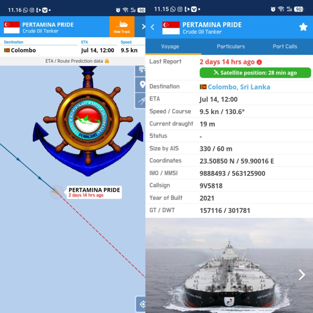 Lolos dari Selat Hormus, Kapal Tanker Raksasa milik Pertamina Pride yang bisa kembali berlayar ke Indonesia dengan membawa muatan 2 Juta Barel Minyak, Berlayar menuju Kilang Cilacap.