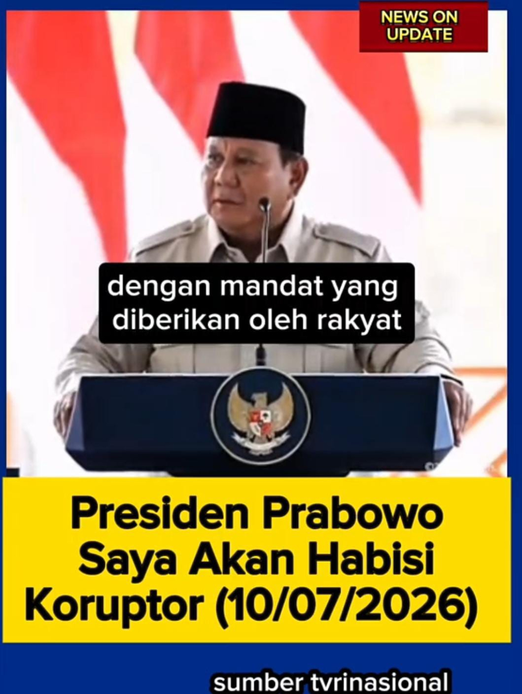 Presiden Prabowo Subianto saat memberikan arahan kala peresmian lima bendungan berlokasi di Maninting, Lombok Barat, Nusa Tenggara Barat, Jumat (10/07/2026). (Foto tangkapan layar TVRI)