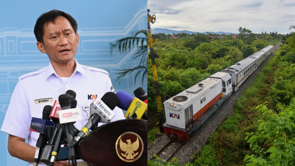 Dirut KAI Bobby Rosyidin (kiri) dan rangkaian Kereta Api.