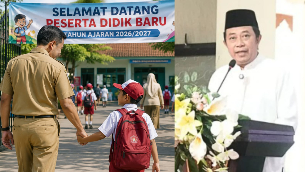 Foto Bupati Bondowoso Abdul Hamid  Wahid (kana) dengan flayer anjuran ayah antar anak sekolah.