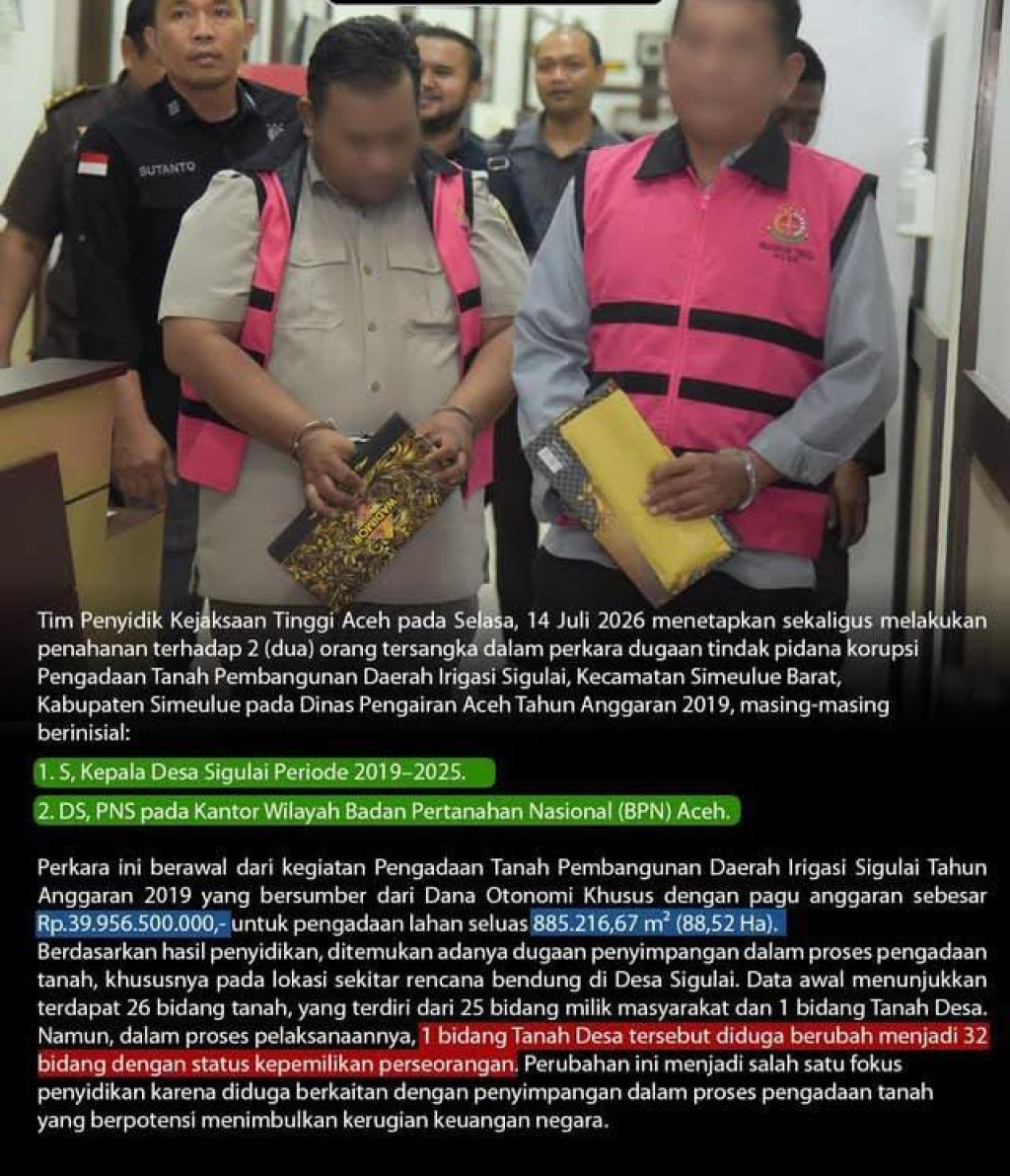 Kejati Aceh melakukan penahanan terhadap 2 (dua) orang tersangka dalam perkara dugaan tindak pidana korupsi Pengadaan Tanah Pembangunan Daerah Irigasi Sigulai, Kec. Simeulue Barat, Kab. Simeulue