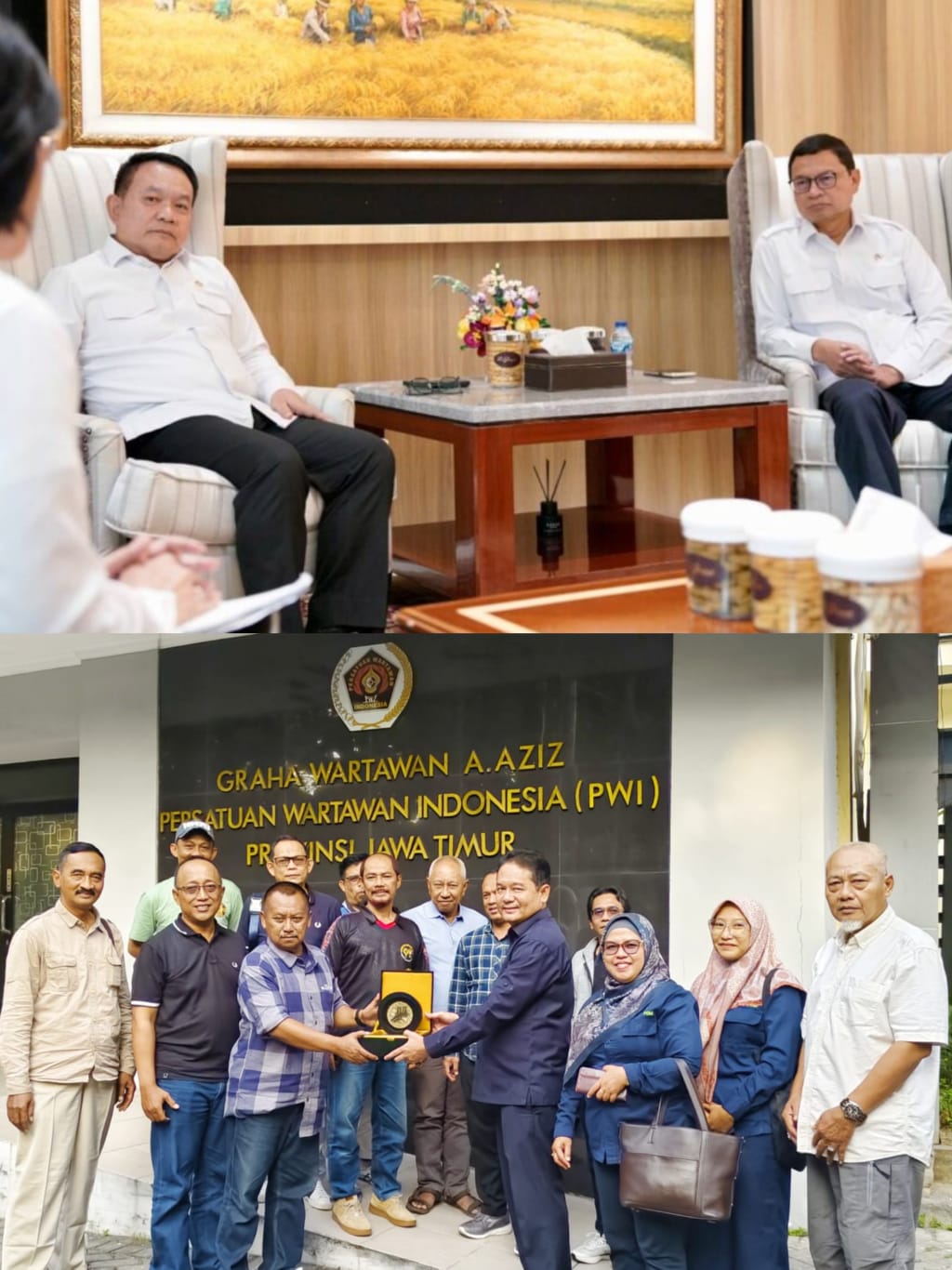 Kepala KSP Dudung Abdurrahman saat menerima kunjungan Kepala BPOM Taruna Ikrar (foto atas), Kepala BPOM juga berkunjung ke Kemenko Pangan. Kepala BPOM Jatim menyerahkan vandel kepada Ketua PWI Jatim.