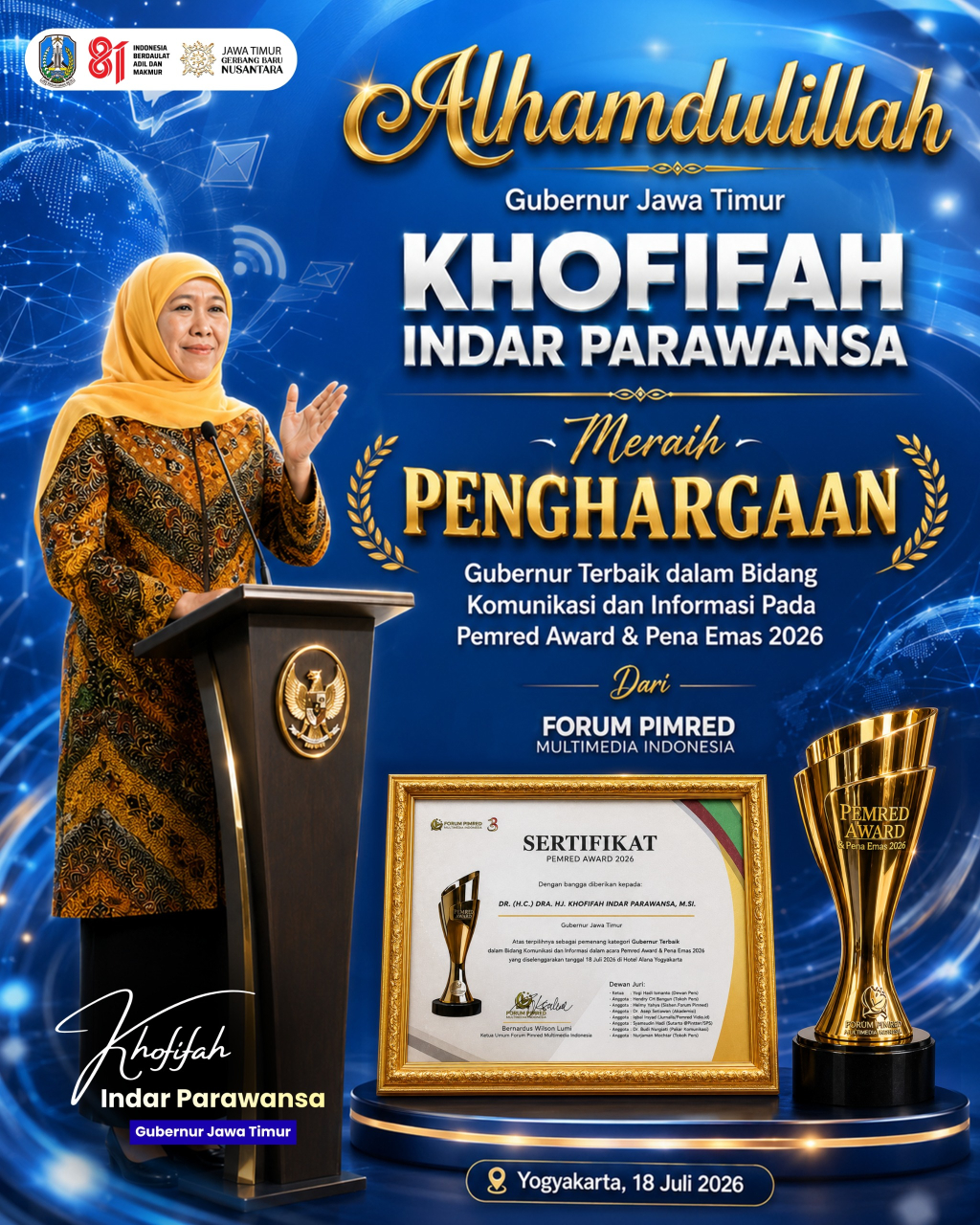 Gubernur Jawa Timur Khofifah Indar Parawansa meraih penghargaan Pimpinan Redaksi (Pimred) Award 2026.