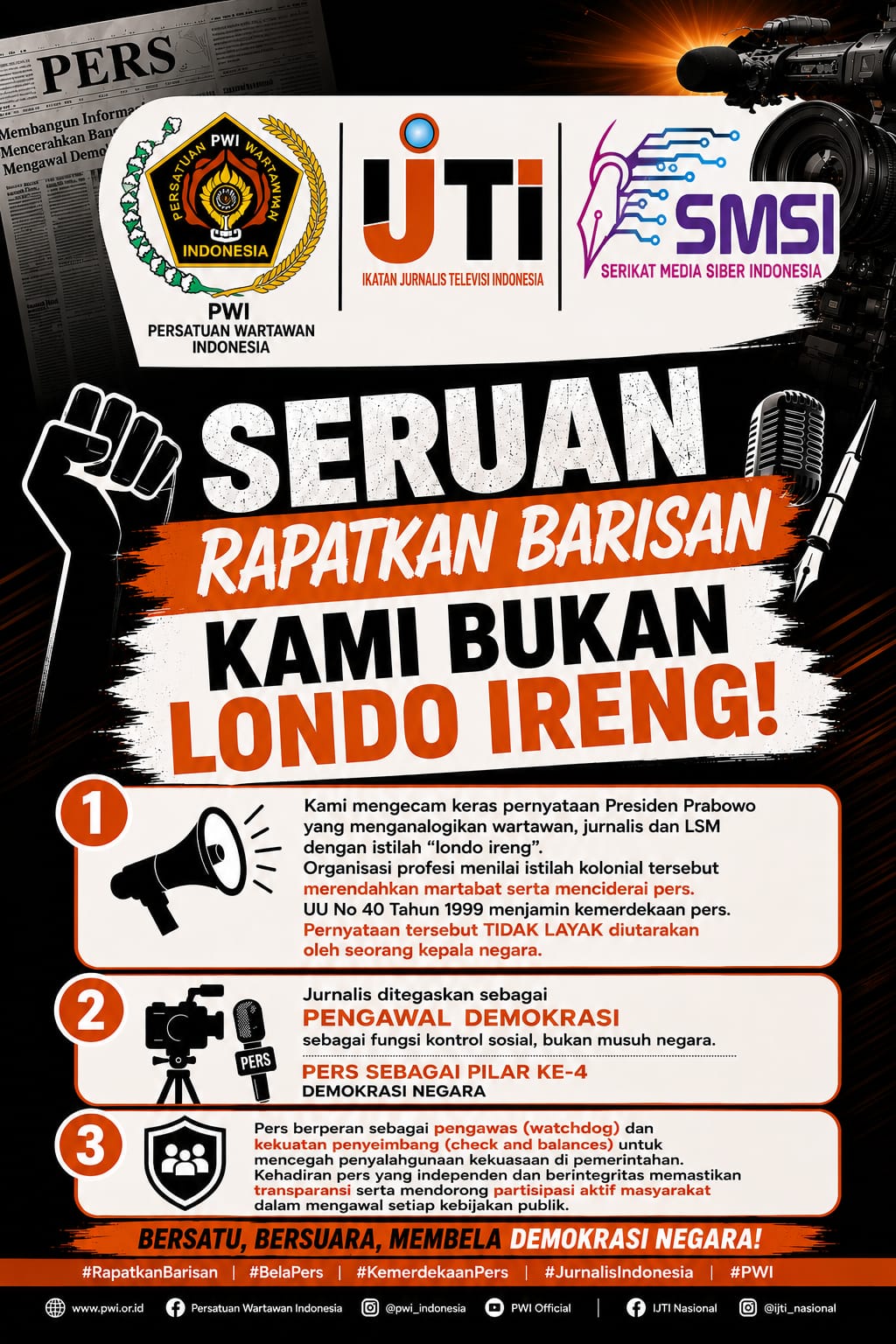 Poster seruan persatuan PWI dan IJTI menolak keras istilah yang merendahkan martabat jurnalis, sekaligus menegaskan peran pers sebagai pilar keempat demokrasi negara.