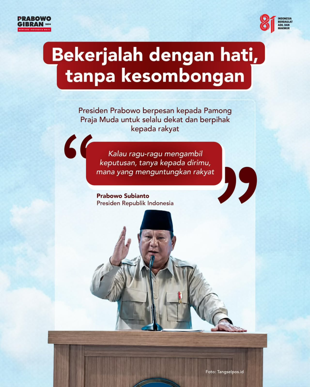 Presiden Prabowo Subianto saat berpidato untuk para pamong Praja Muda.
