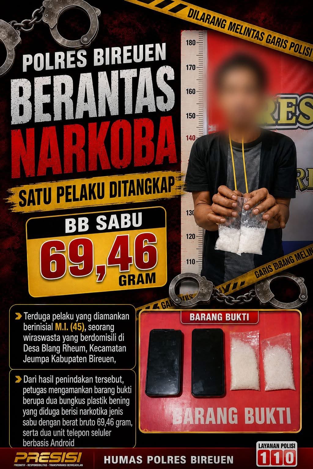 Polres Bireuen amankan tersangka pelaku tindak penyalahgunaan narkotika dengan barang bukti sabu seberat 69 gram.
