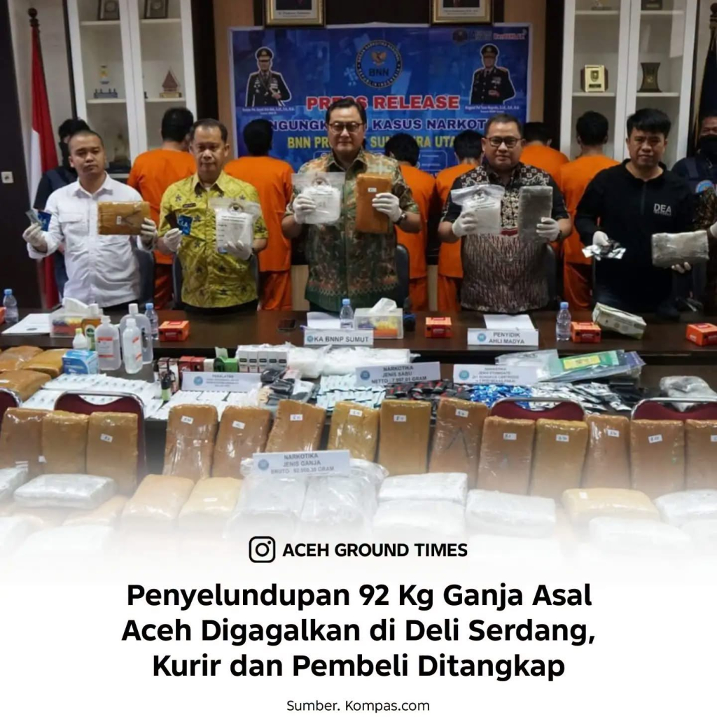 BNNP Sumut saat jumpa pers terkait upaya penggagalan Penyelundupan 92 kilogram ganja asal Gayo Lues, Aceh.