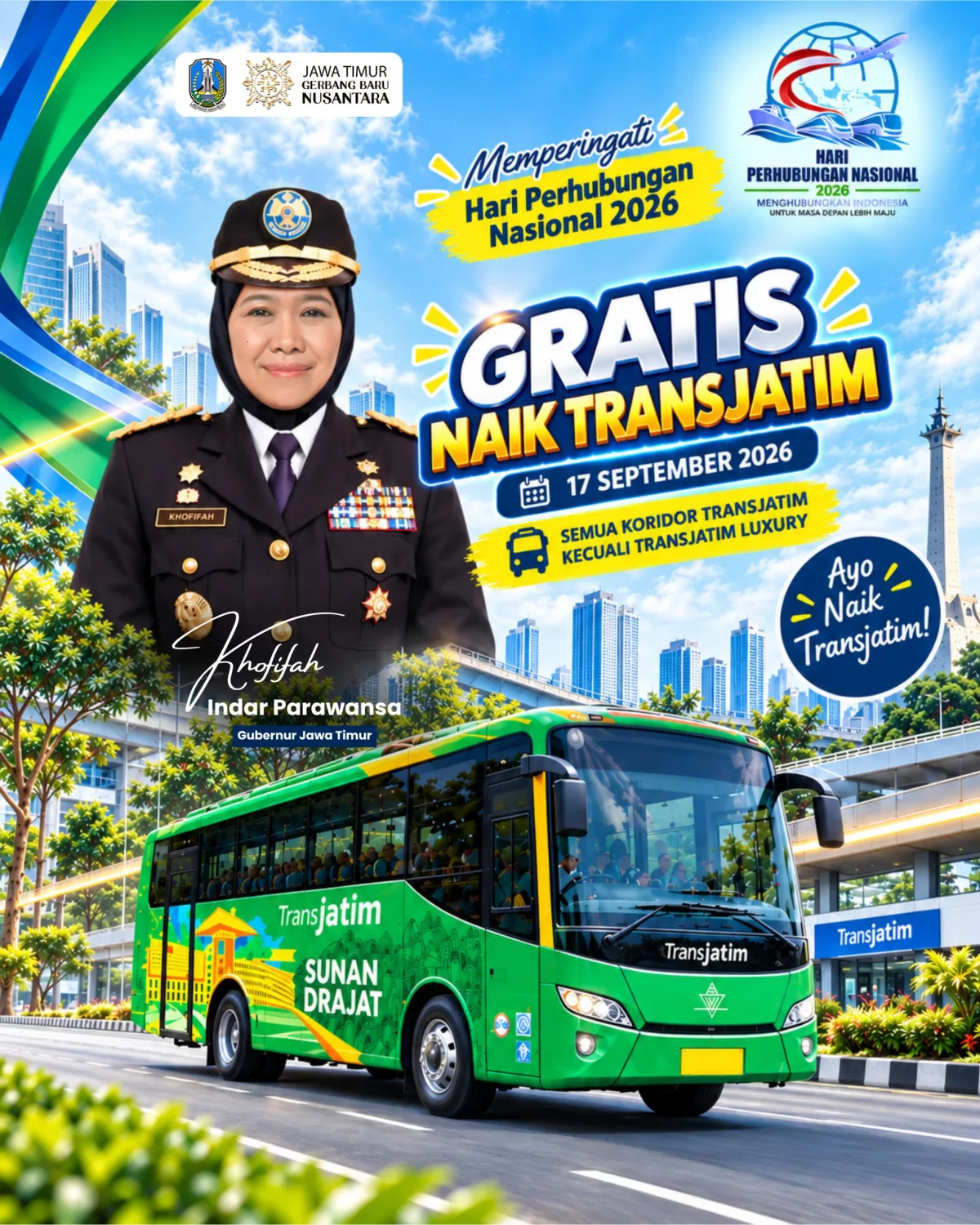 Peringati Harhubnas 2026, Gubernur Khofifah Gratiskan Trans Jatim dan Ajak Warga Beralih ke Transportasi Publik