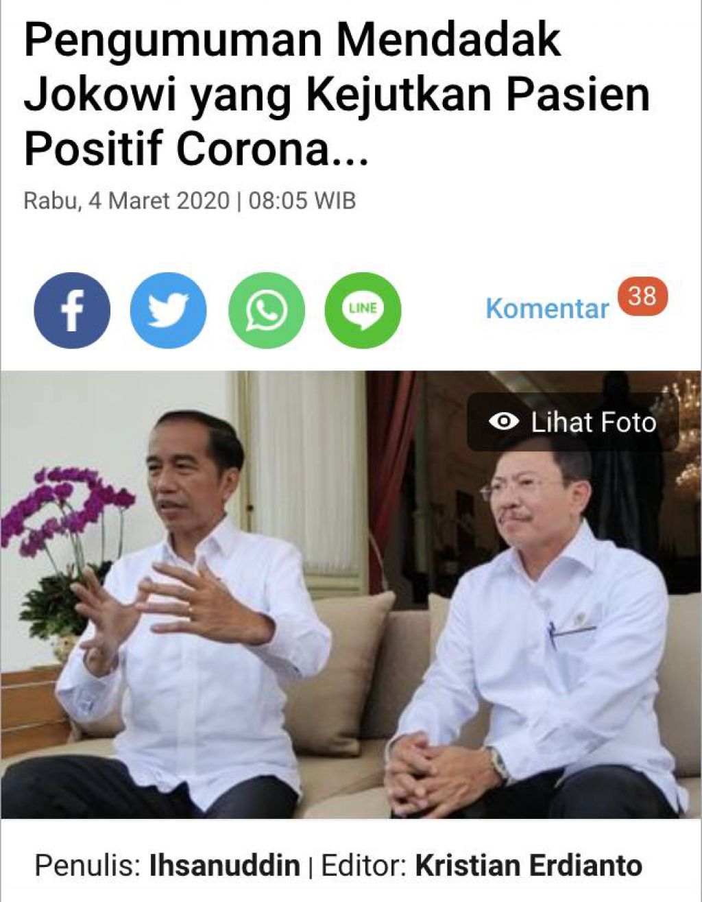 Pasien Positif Pertama Covid-19 di Indonesia Terpapar dari WNA