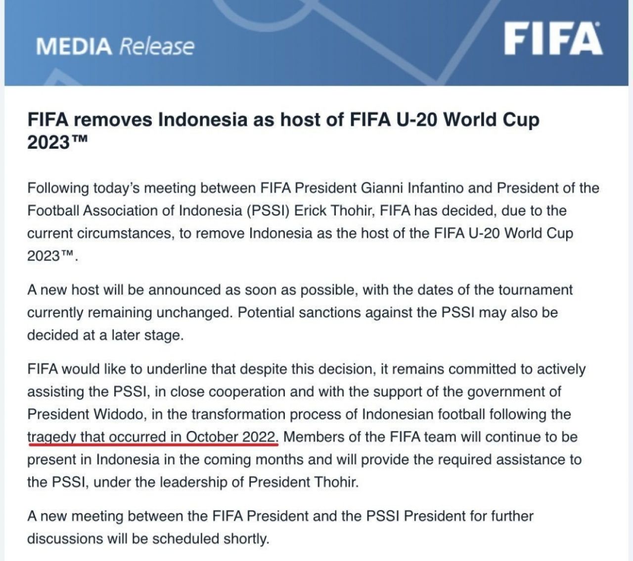 Surat FIFA tentang pencabutan Indonesia sebagai tuan rumah Piala Dunia U-20.
